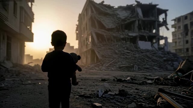 Small child with teddy looking at destroyed buildings, representing war trauma and post-conflict suffering, footage.