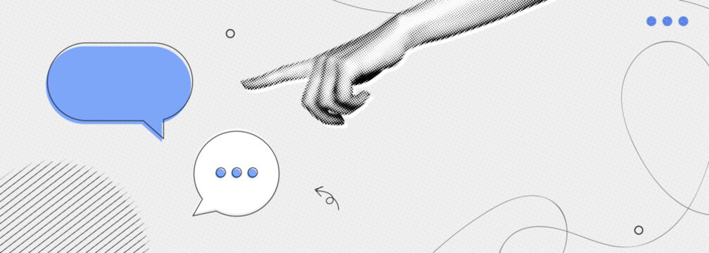 Trendy Halftone Collage Hand with speech bubble messages. Social media communication. Talk together. Discussion and feedback. Dialogue banner. Contemporary vector illustration art