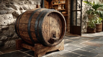 Red wine puncheon barrel in Tokaj vineyards with sunlit terraces nearby
