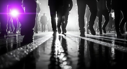 People Walking on Wet Street at Night with Dramatic Lighting Black and White Photography Stock Image for Urban Scenes