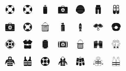 A collection of black and white icons representing various safety and recreational equipment items displayed silhouette