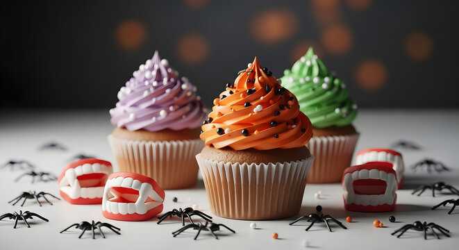 A festive halloween display with colorful cupcakes, plastic teeth, and toy spiders on a white surface - Powered by Adobe