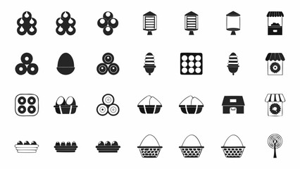 Illustration showing various agricultural and market related icons in a monochrome black and white design style silhouette
