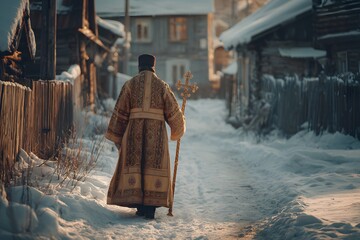 Orthodox Priest in Winter - Walking Through Snowy Village