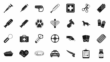 Obraz premium Illustration of various medical and veterinary tools and supplies in black and white silhouette style