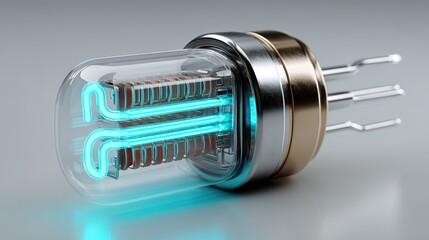 Sleek MOSFET prism demonstrating conduction with glowing cyan field lines on gray backdrop