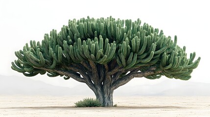 A striking cactus tree in a desert landscape  long title A bold and geometric cactus tree with multiple arms stands tall and isolated against a plain