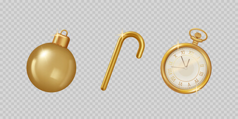 3D Gold Realistic Vintage Christmas Balls. Vector Isolated Illustration