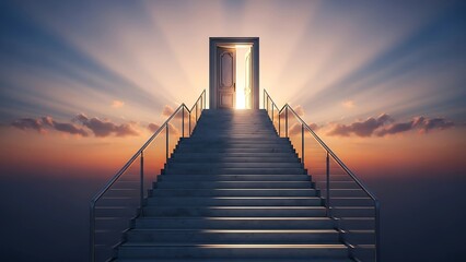 Obraz premium A majestic staircase ascends to an open door glowing with golden light, symbolizing business opportunity, ambition, and the journey toward success. Perfect for leadership and growth-focused visuals.