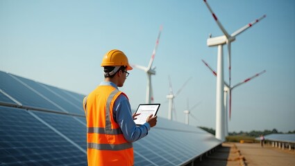 Engineer at factory site with solar panels and wind turbines wearing safety gear hard hat vest using digital tablet schematic focus on eco friendly industry renewable energy clean modern environment 