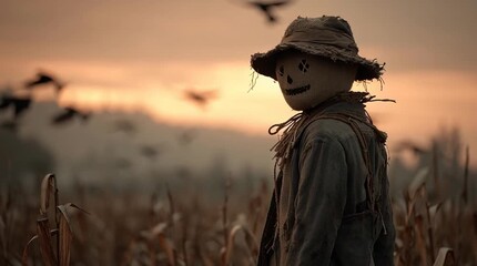 Haunting twilight scene with scarecrow in eerie cornfield, sunset casting long shadows, dark silhouettes of crows flying overhead, evoking an unsettling Halloween atmosphere of quiet dread and mystery - Powered by Adobe