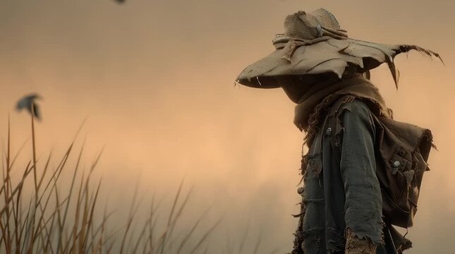 Haunting twilight scene with scarecrow in eerie cornfield, sunset casting long shadows, dark silhouettes of crows flying overhead, evoking an unsettling Halloween atmosphere of quiet dread and mystery