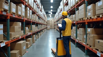 Logistics worker in warehouse using pallet jack and barcode scanner organized shelves labeled boxes bright lighting modern supply chain efficient inventory management order fulfillment streamlined 