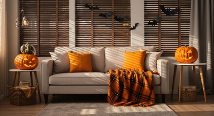 Lit pumpkins flank a couch in a room with blinds and bat decorations bathed in sunlight