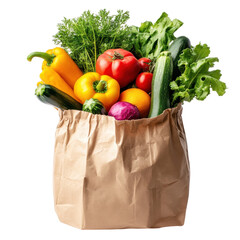 Fresh vegetables in recyclable paper bag, recyclable paper bag filled with an assortment of fresh vegetables, isolated on transparent background