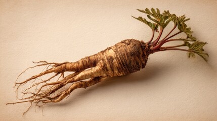 Mandrake root with forked form displayed on a pale ivory background