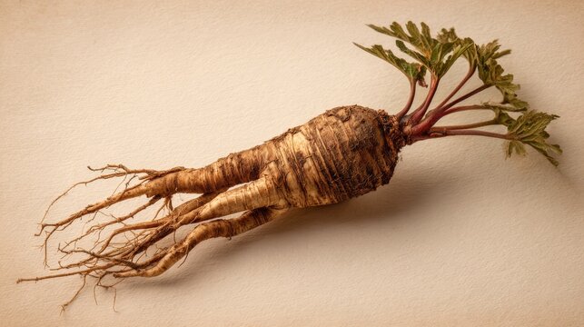 Mandrake root with forked form displayed on a pale ivory background