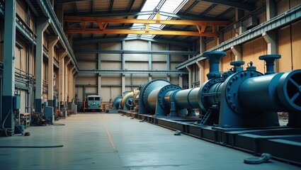 Industrial facility high resolution photo exposed steel beams concrete walls heavy equipment pipes valves control panels warm cool tones shallow depth soft natural lighting neutral colors industrial