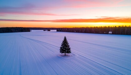 Solitary tree in a snowy field at sunrise
