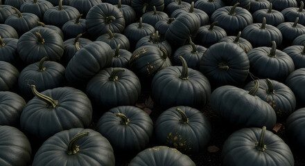 A dense arrangement of dark gray pumpkins filling the frame with visible stems and textured surfaces