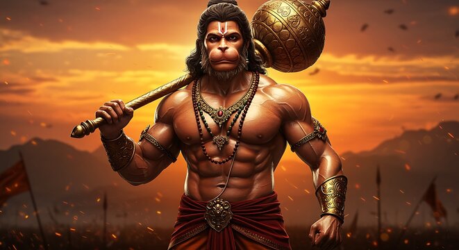 Powerful depiction of lord hanuman holding a mace in a majestic sunset landscape