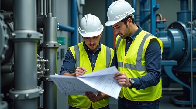 Two technicians wearing hard hats reflective vests maintaining industrial equipment indoors reading schematic one using tools background pipes beams control panels focus on teamwork safety