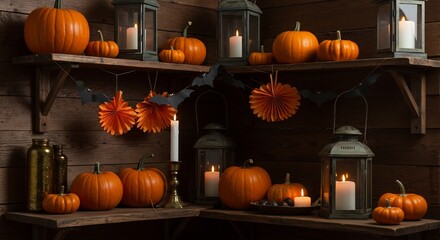 Shelves display Halloween decor pumpkins candles lanterns bat garland and orange paper fans against a wooden backdrop