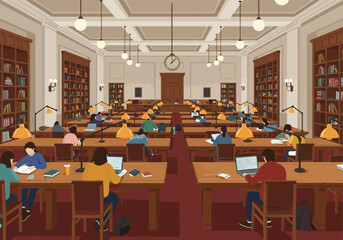 Students studying with laptops and books in a grand, classic university library reading room. A scene of quiet academic pursuit and learning.