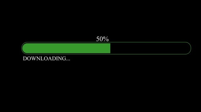 Green Progress Bar Animation Showing 50 Percent Downloading Status Loading Screen Digital Data Transfer Interface


