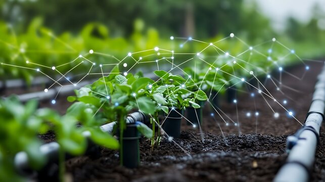 Close up of crops growing with a network overlay and irrigation system in a field setting - Powered by Adobe