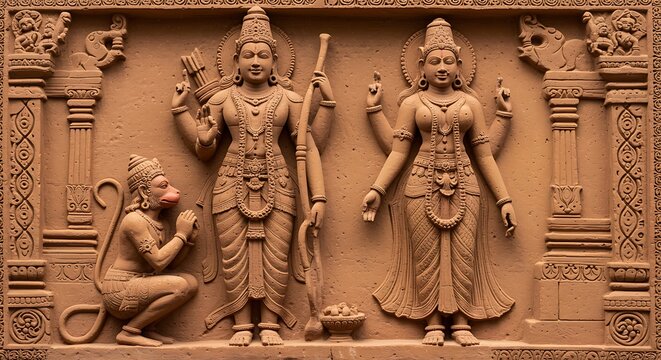 Intricate relief sculpture depicting hindu deities ram and sita with devotee hanuman