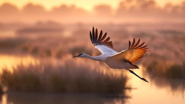 Crane Flying Over Flooded Meadow at Dawn with Water Reflection