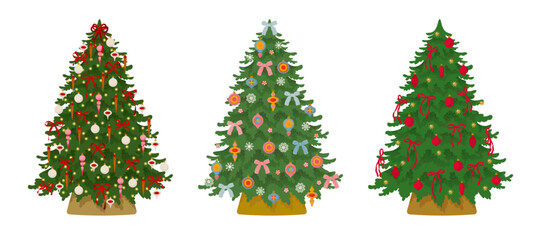 Set of Christmas trees decorated with vintage glass balls, bows, and garlands. Cute Cozy vector illustration