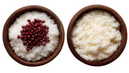 Two wooden bowls of rice; one with red beans