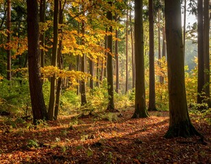 Naklejka premium Autumn forest bathed in sunlight