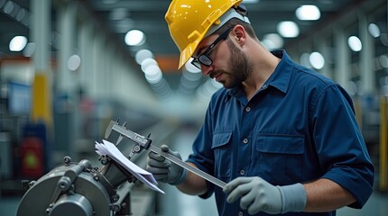 Industrial workers installing machinery indoors wearing safety gear hard hats reflective vests one reading blueprint other using tools pipes beams control panels teamwork practical realistic scene