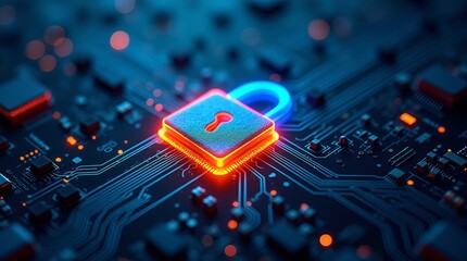 Glowing digital padlock on a circuit board representing cybersecurity