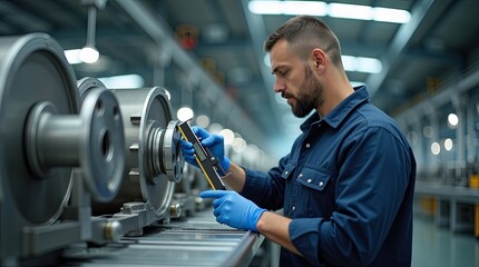 Worker inspecting metal product using caliper reviewing technical documents clean production environment soft lighting focus on precision quality control safety professionalism 