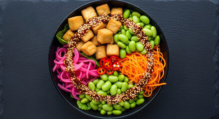 Healthy Vegan Buddha Bowl with Tofu, Edamame, and Vibrant Vegetables on Dark Background