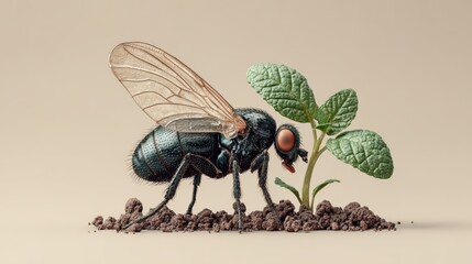 Black fungus gnat on moist soil near basil seedling indicates overwatering issues