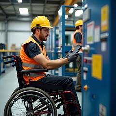 Industrial workers in wheelchairs with hard hats reflective vests installing machinery indoors reading schematic blueprint pipes beams control panels teamwork safety practical clean realistic
