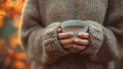 Close-up of hands holding a hot drink in a sweater, fall background blurred