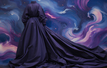 Naklejka premium Mysterious figure in a flowing dark purple gown with a dramatic train against a swirling cosmic background