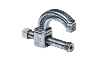 Industrial metal clamp,  a close-up view of a heavy-duty  U-shaped  clamp  with  a  square  base and  threaded  bolt.  The  metal  has  a  slightly  rough  texture