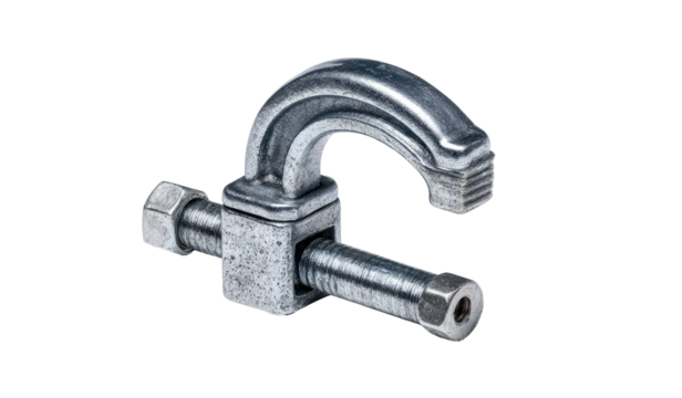 Industrial metal clamp,  a close-up view of a heavy-duty  U-shaped  clamp  with  a  square  base and  threaded  bolt.  The  metal  has  a  slightly  rough  texture
