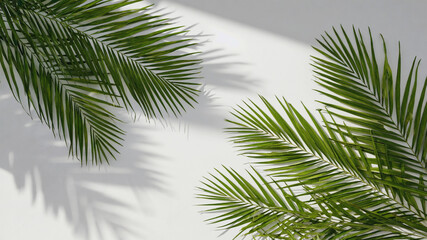 Fototapeta premium Tropical palm fronds overlapping on white studio surface, casting abstract shadows