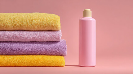 Stack of Soft Towels with Pink Lotion Bottle on Pink Background Cleanliness and Hygiene in Spa or Bathroom