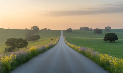 Fototapeta premium Breathtaking Country Road at Sunrise: Serene Landscape with Lush Green Fields and Colorful Wildflowers, Perfect for Travel, Nature, and Lifestyle Themes in Photography and Marketing