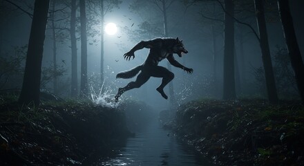 Werewolf leaps over creek in dark woods moon in sky