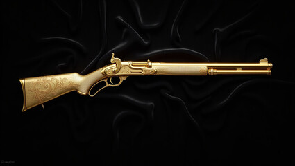 A luxurious rifle plated in white gold with intricate gold engravings, showcasing exquisite traditional craftsmanship.